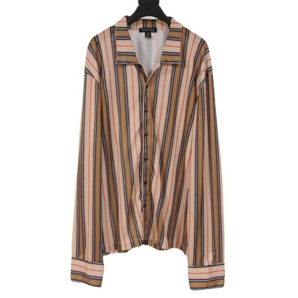 Kenneth Cole Mens Button Down Shirt Size XXL Yellow Brown Pajama Striped Jersey